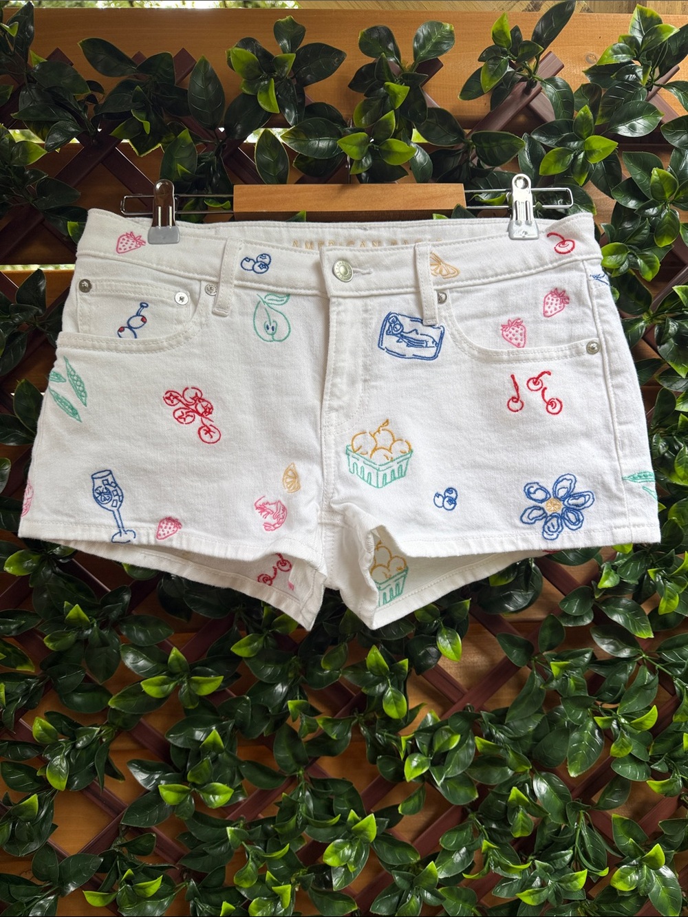 Viral American Eagle Embroidered Fruit Motif Denim Shorts
